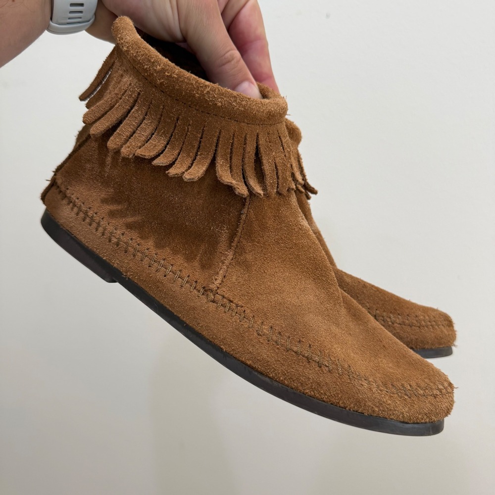 Minnetonka 283 Brown Suede Fringe Back Zip Moccasin Ankle Boots Womens Size 7